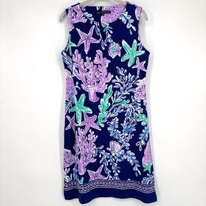 Barbara Erickson Shift Dress Sz M Blue Purple Ocean Sea Life Print Coastal Beach